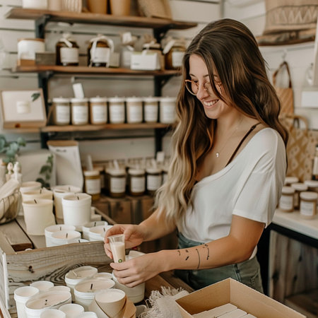 Beautiful girl in a white T-shirt and jeans makes candles in the workshopの素材