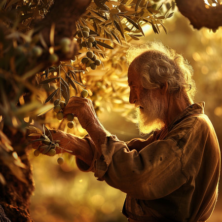 Portrait of an old man harvesting olives in a garden.の素材