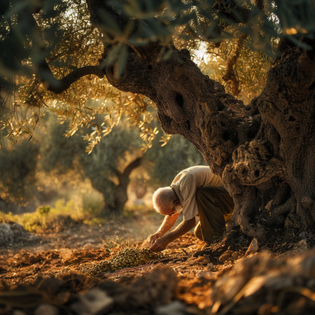 Old man picking olives from a tree in the olive groveの素材