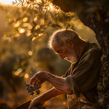 Old man harvesting olives from a tree in olive grove at sunsetの素材