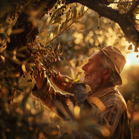 Portrait of a senior man harvesting olives in a garden.の素材