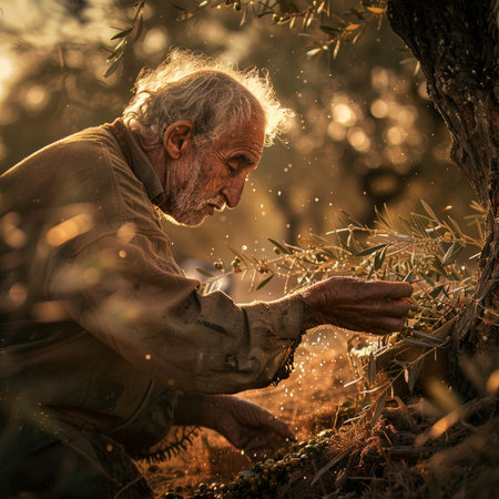 Portrait of an old man harvesting olives in the olive groveの素材