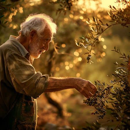 Elderly man harvesting olives in the garden at sunset.の素材