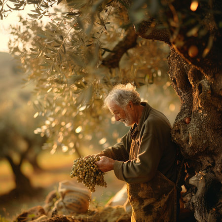 Old man picking olives from a tree in an olive groveの素材