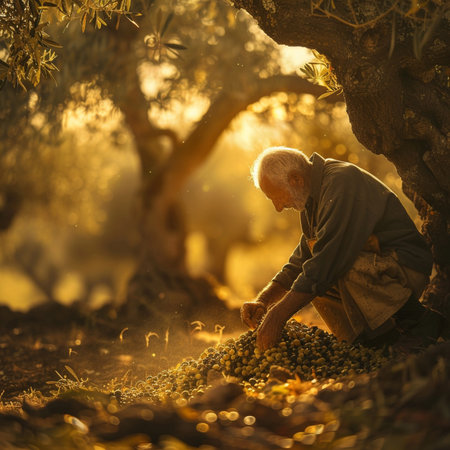 Old man picking olives from a tree in the olive groveの素材