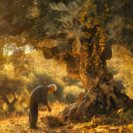 Olive harvest. Olive grove. Woman farmer watering olives.の素材