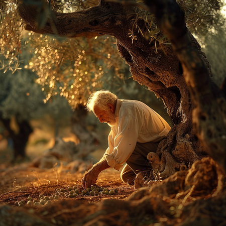 Old man picking olives in olive grove at sunset, Greeceの素材