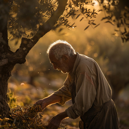 Old farmer harvesting olives in the olive grove at sunset.の素材