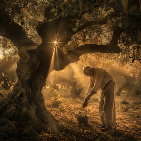 Olive tree with a young man watering the olives at sunsetの素材
