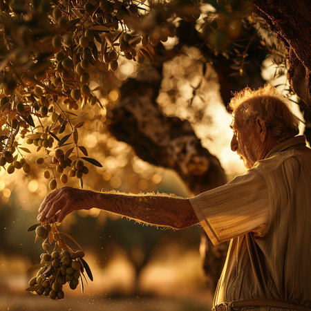 Old woman harvesting olives in olive grove. Selective focus.の素材