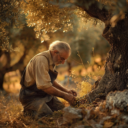 Old man harvesting olives in the shade of an olive tree.の素材