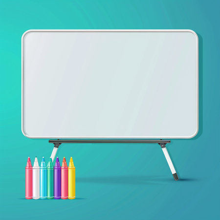 Whiteboard with colorful crayons on blue background. Vector illustration.のイラスト素材
