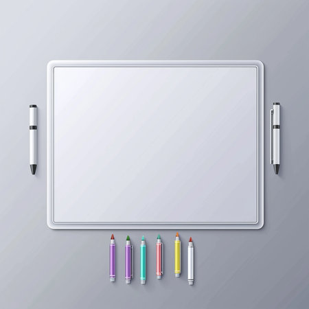 Vector illustration of a blank whiteboard with pens on the gray backgroundのイラスト素材