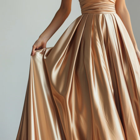 Wedding dress with gold satin fabric. Close-upの素材