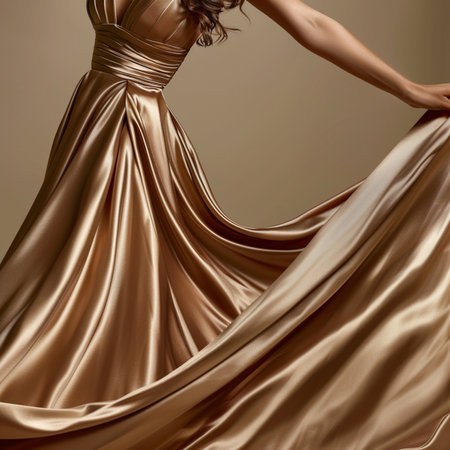 Beautiful young woman in a golden silk dress. Studio shot.の素材
