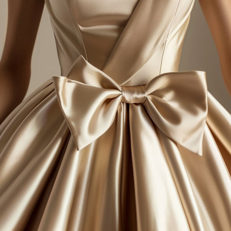 Wedding dress with gold satin bow. Close-up.の素材