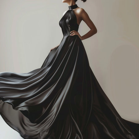 Fashion photo of a female model in a black evening dress.の素材