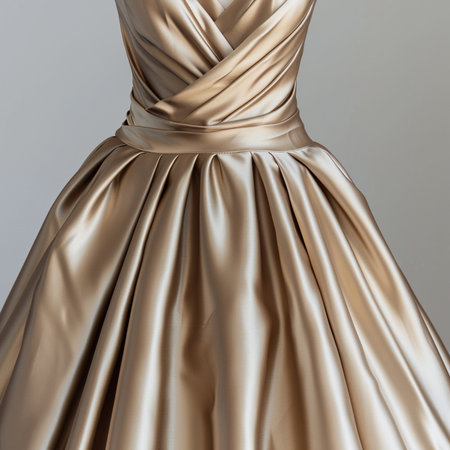 Wedding dress with gold satin fabric on gray background.の素材