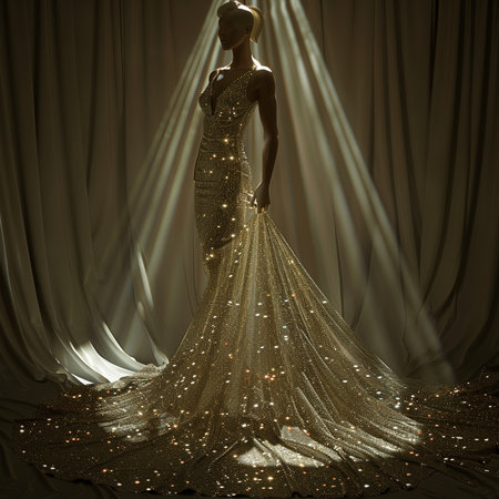 Beautiful woman in a golden evening dress with sequins on a dark background.の素材