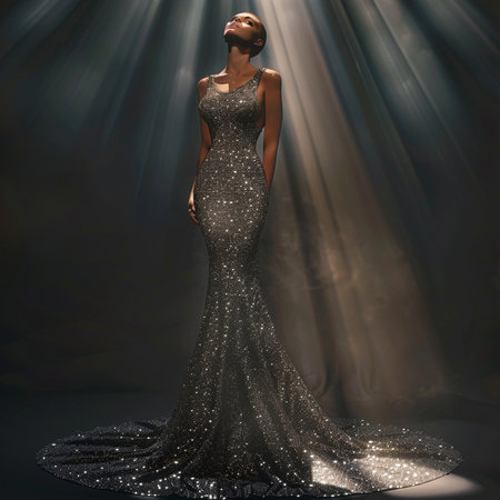 Fashionable beautiful woman in a silver dress on a dark backgroundの素材