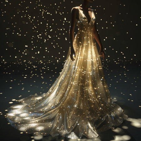 Fashionable beautiful woman in a gold dress on a dark backgroundの素材