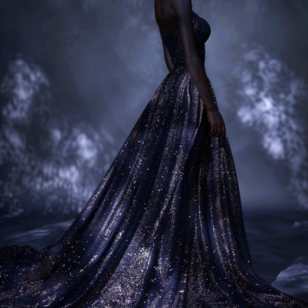 Fashion shot of a beautiful woman in a long blue dress with sequins.の素材