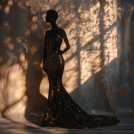 Silhouette of a beautiful woman in a long evening dress with sequinsの素材