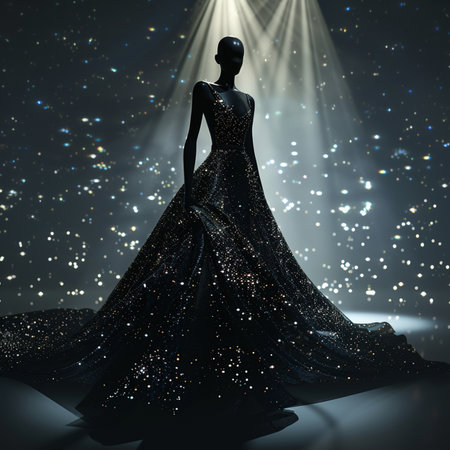 Wedding dress on mannequin in dark room with spotlightsの素材