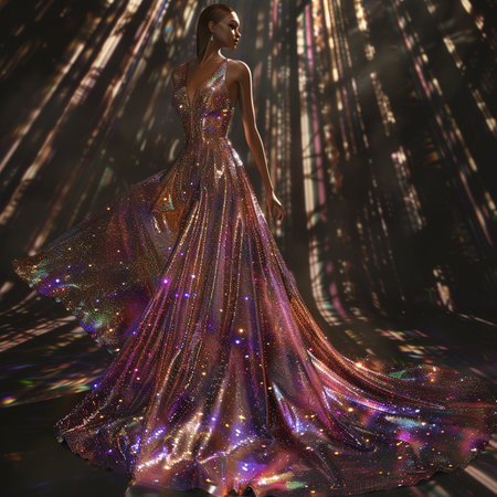 Fashion photo of a beautiful girl in a long shiny dress.の素材