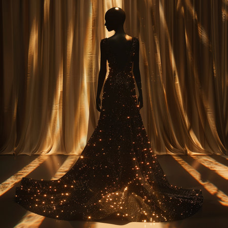 Wedding dress on a mannequin in a golden roomの素材