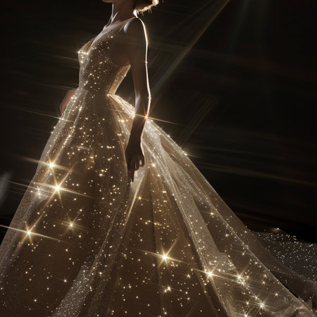 Beautiful woman in a wedding dress on a dark background with sparklesの素材