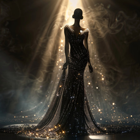 Fashion shot of a beautiful woman in evening dress over dark background.の素材