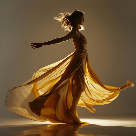 Beautiful young woman in a golden dress dancing on a studio backgroundの素材