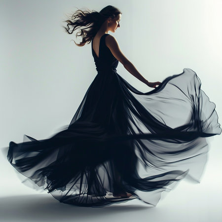 Beautiful young woman in black dress with flying hair. Studio shot.の素材