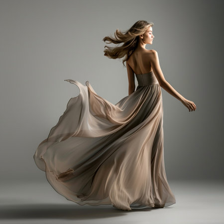 Beautiful young woman in long flying silk dress. Studio shot.の素材