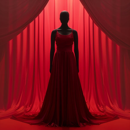 3d rendering of a female mannequin standing in front of a red curtainの素材