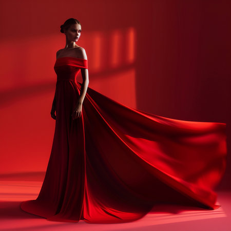 Fashionable woman in red dress posing in studio. Red background.の素材