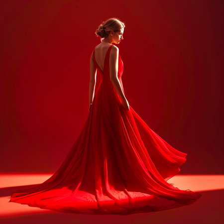 Full length portrait of a beautiful young woman in a red dress.の素材