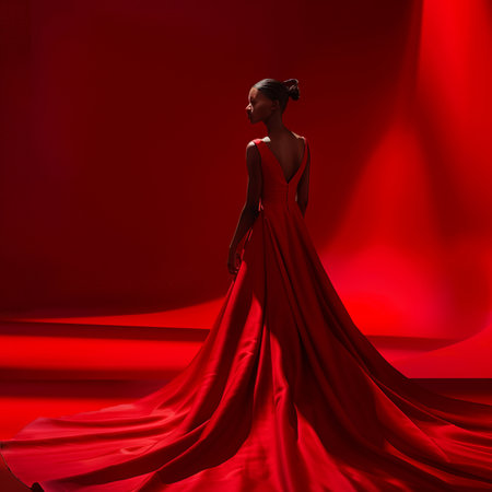 Beautiful young woman in a red evening dress on a red backgroundの素材