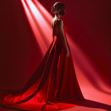 Fashion shot of a beautiful woman in a red evening dress.の素材