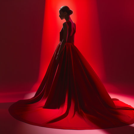 Silhouette of beautiful woman in red dress on red background.の素材
