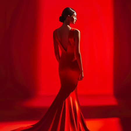 Fashion photo of elegant woman in red dress on red background.の素材