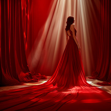 Beautiful young woman in red dress on stage with red curtains and spotlightsの素材