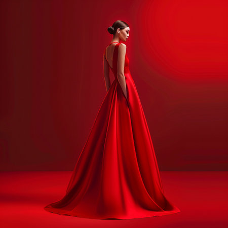 Beautiful woman in a red dress on a red background, 3d renderingの素材