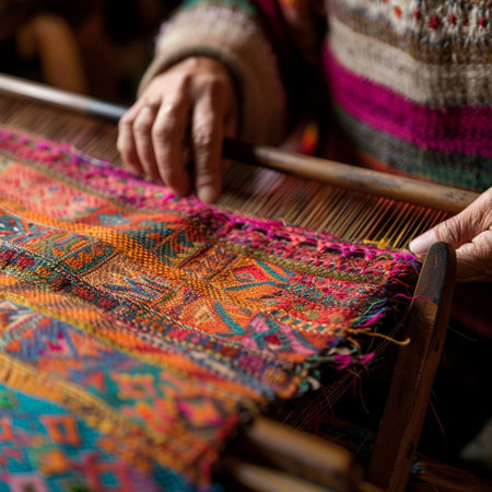 Close up of the hand of an old woman weaving a colorful patternの素材