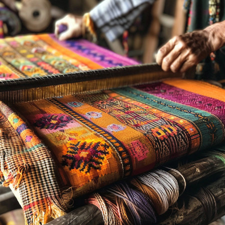 Hand of a woman weaving a colorful silk cloth in a loomの素材