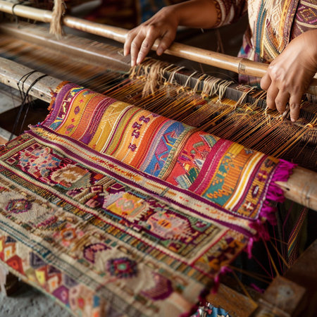 Close up of hand weaving loom in indian textile industry.の素材