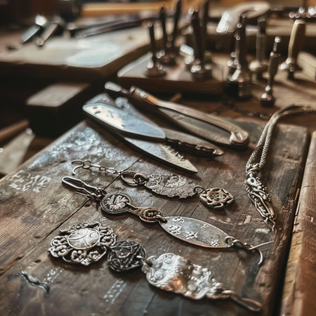 Vintage silverware on a wooden table in a jewelry workshop.の素材