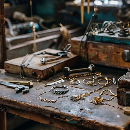 Old jewelery in the workshop of a jeweler, close-upの素材