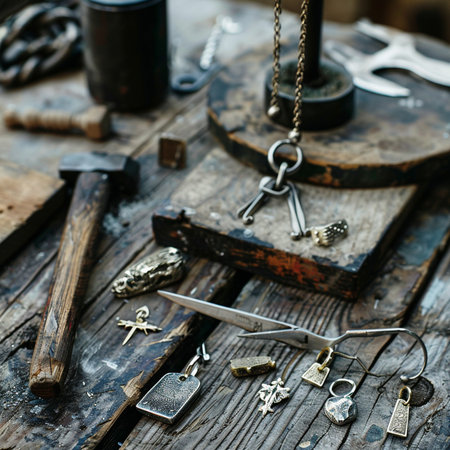 Jewelry tools on old wooden table. Blacksmith workshop.の素材